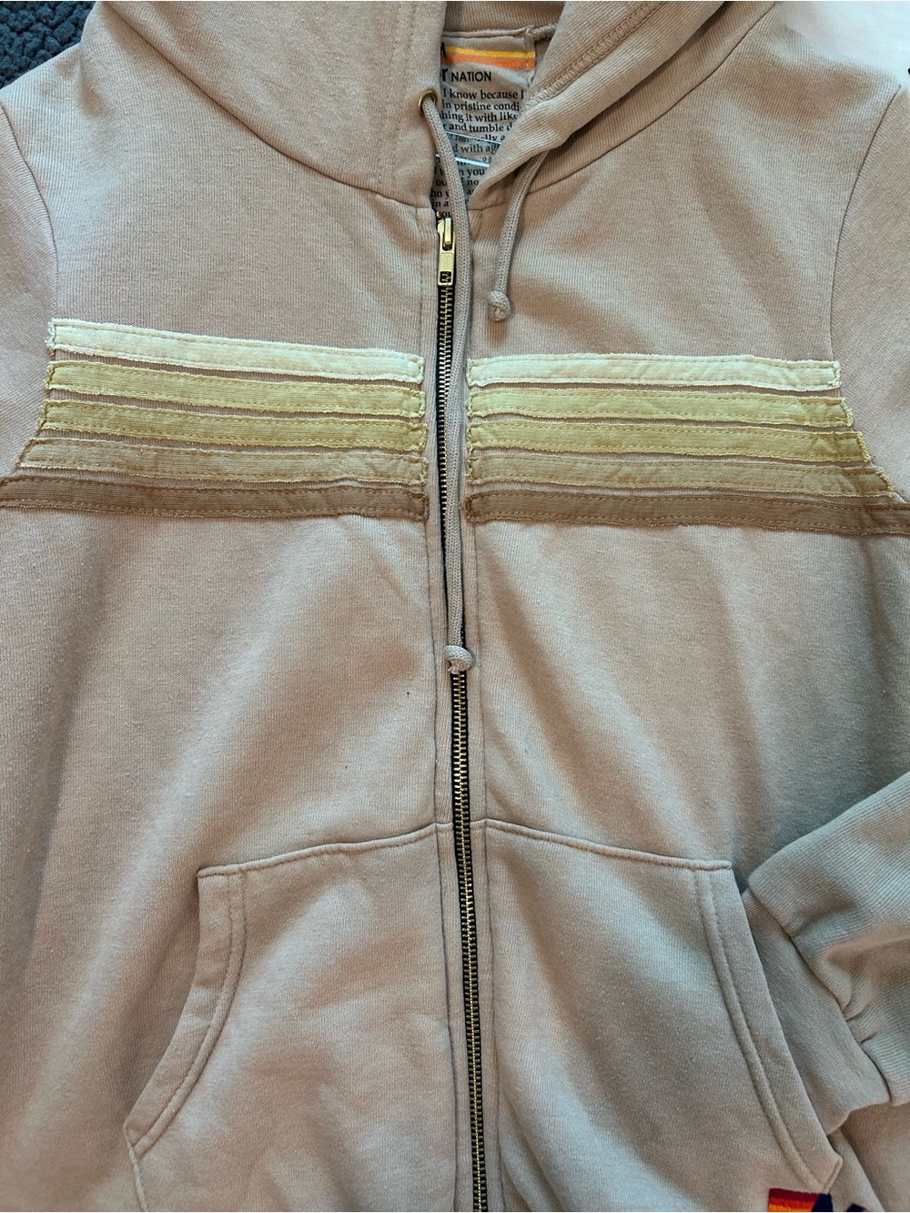 Aviator Nation Beige Zip Hoodie with Yellow Stripe Accents - Picture 3 of 7